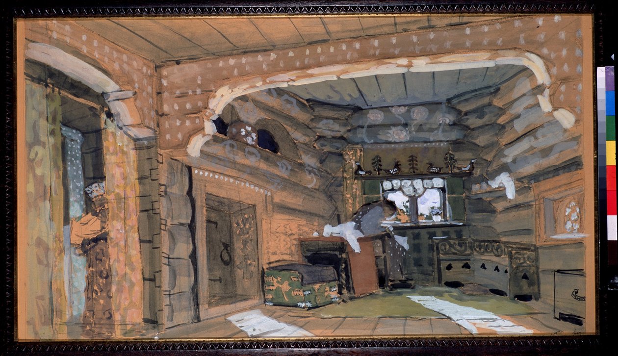 Desenho de palco para a Ópera The Pskov Maiden de N.Rimsky Korsakov (Rimsky-Korsakov) (1844-1908) Descrição do interior de um de Aleksandr Jakovlevic Golovin