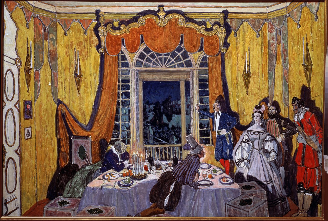 Desenho de palco para a ópera O Convidado da Pedra, de A. Dargomyzhsky (1813-1869). Pintura de Alexander Yakovlevich Golovin (Alexander Golovine) (1863-1930), óleo sobre madeira de Aleksandr Jakovlevic Golovin