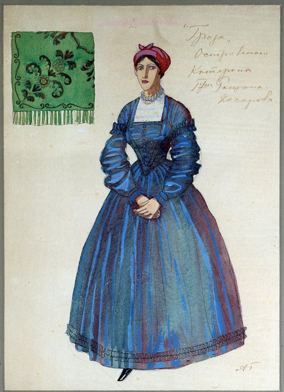 Desenho de figurino para a peça The Storm de A.Ostrovsky (1823-1886). Trabalho de Alexander Yakovlevich Golovin (Alexander Golovine) (1863-1930), lápis, tinta, aguarela, guache e ouro sobre papel de Aleksandr Jakovlevic Golovin