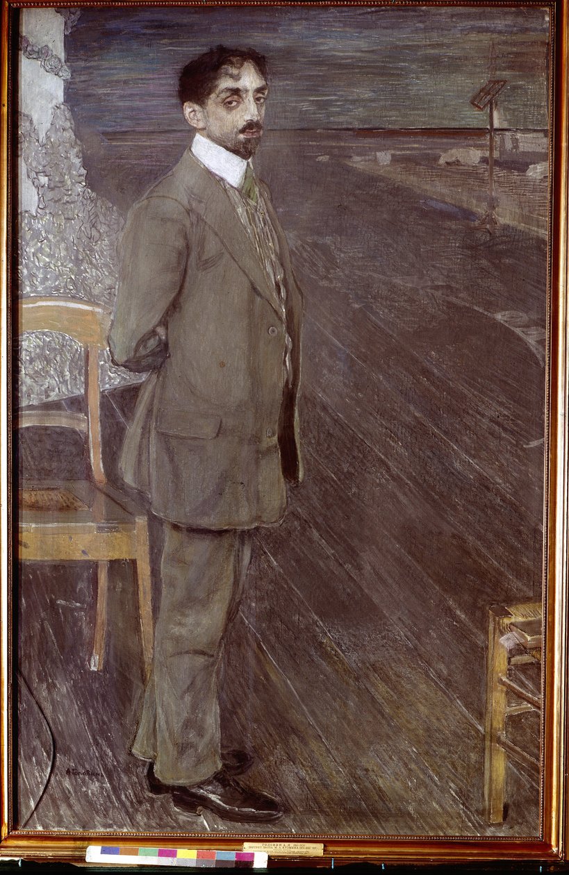 Retrato do poeta Mikhail Kuzmin (1875-1936) (Retrato do poeta M. Kuzmin). Obra de Alexander Yakovlevich Golovin (1863-1930), têmpera e pastel sobre tela de Aleksandr Jakovlevic Golovin