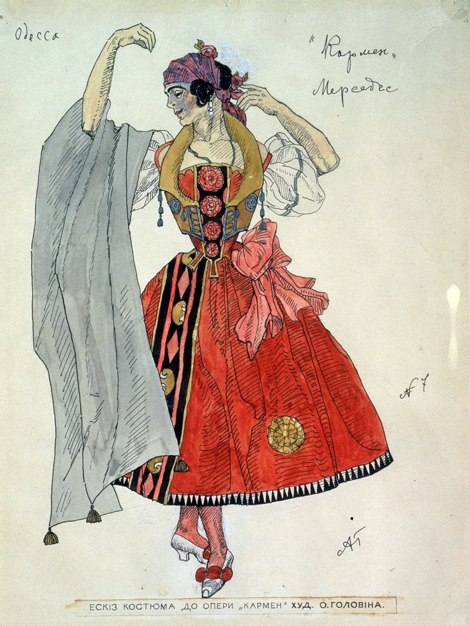 Desenho de trajes para a ópera Carmen de Georges Bizet (1838-1875). Trabalho de Alexander Yakovlevich Golovin (Alexander Golovine) (1863-1930), tinta e aguarela sobre papel de Aleksandr Jakovlevic Golovin