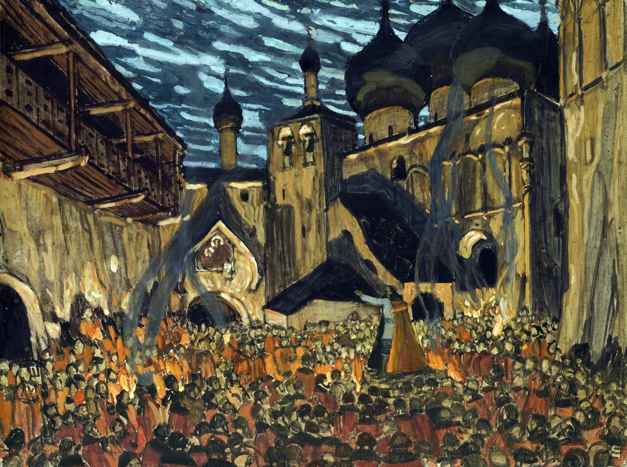 Desenho de palco para a ópera A criada de Pskov por N. Rimsky-Korsakov - Golovin, Alexander Yakovlevich (1863-1930) - 1901 - Tempera sobre papelão - 39x52 - Colecção Privada de Aleksandr Jakovlevic Golovin