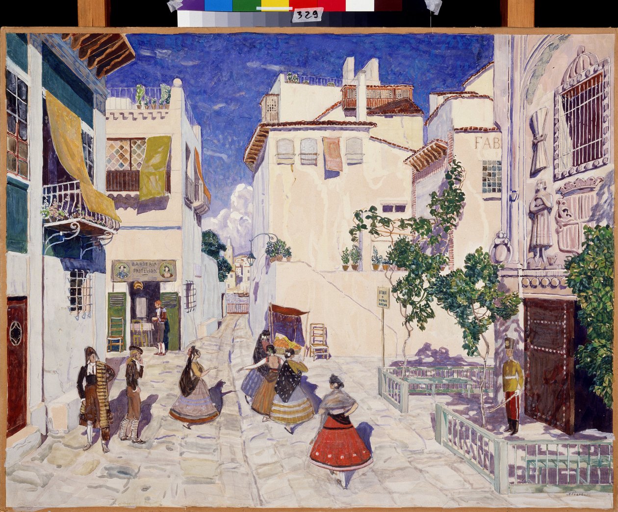 Une rue a Sevilha (Espanha), Decoração para a ópera Carmen de Georges Bizet (1838-1875) (Uma rua em Sevilha, Cenário para a ópera Carmen de G.Bizet). Obra de Alexander Yakovlevich Golovin (Alexander Golovin) (1863-1930), têmpera sobre papel de Aleksandr Jakovlevic Golovin
