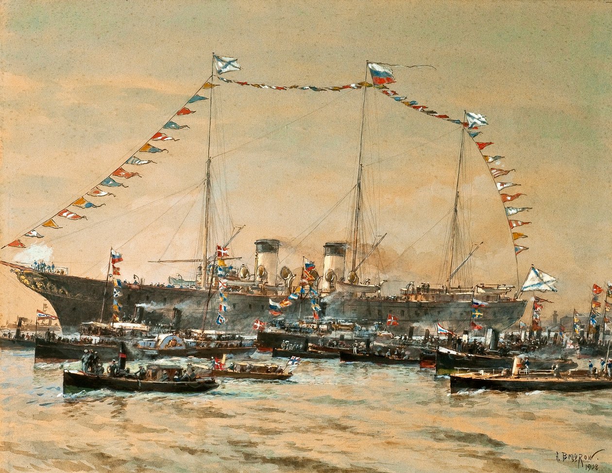 Imperador Nicolau II visitando seu Iate Polestar, 1908 de Aleksandr Karlovich Beggrov