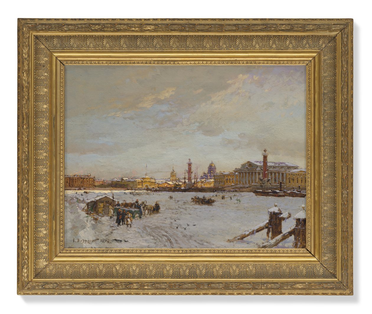 Vista sobre o Neva congelado, as colunas rostrais, a Catedral de São Isaac e o Almirantado, São Petersburgo de Aleksandr Karlovich Beggrov