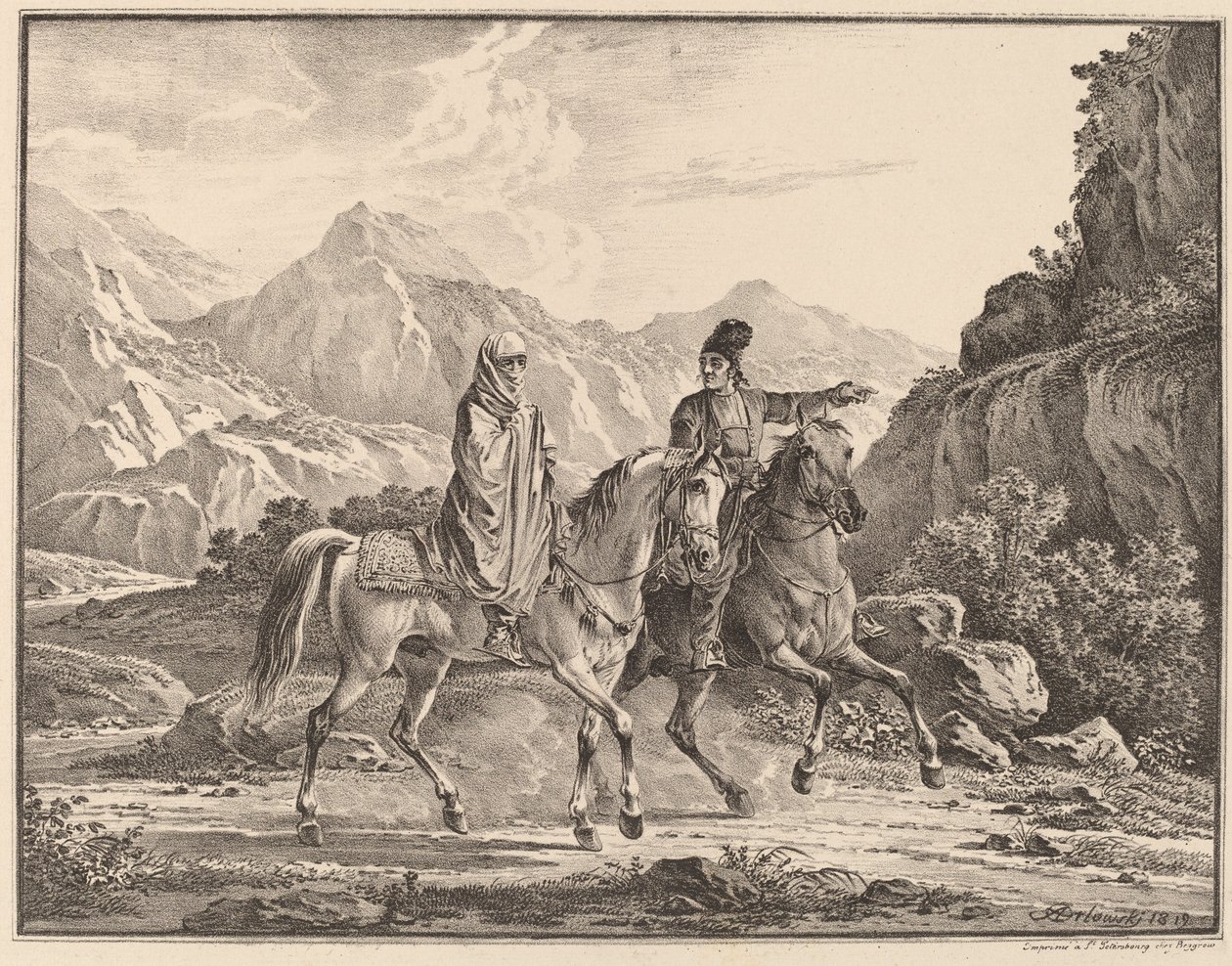 Homem e mulher de véu a cavalo de Aleksandr Osipovich Orlovskii