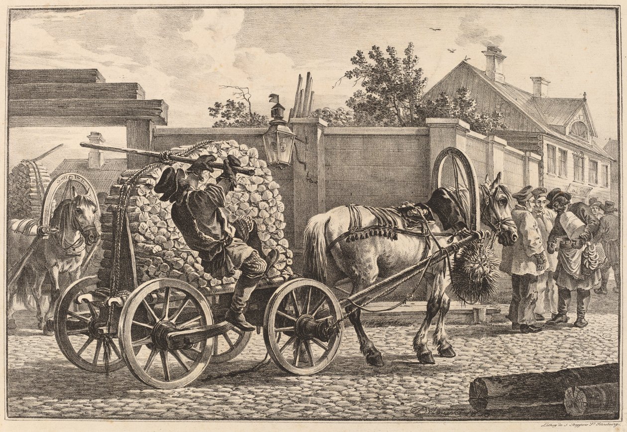 Porteiro russo carregando madeira em um carrinho de Aleksandr Osipovich Orlovskii