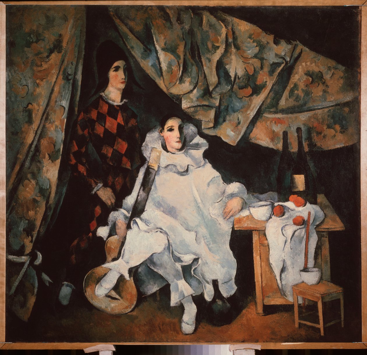 Os irmãos Cyrano malabaristas (em traje de Pierrot e Arlequim). Pintura de Alexander Vasilyevich Shevchenko (1883-1948), óleo sobre tela de Aleksandr Vasilievich Shevchenko