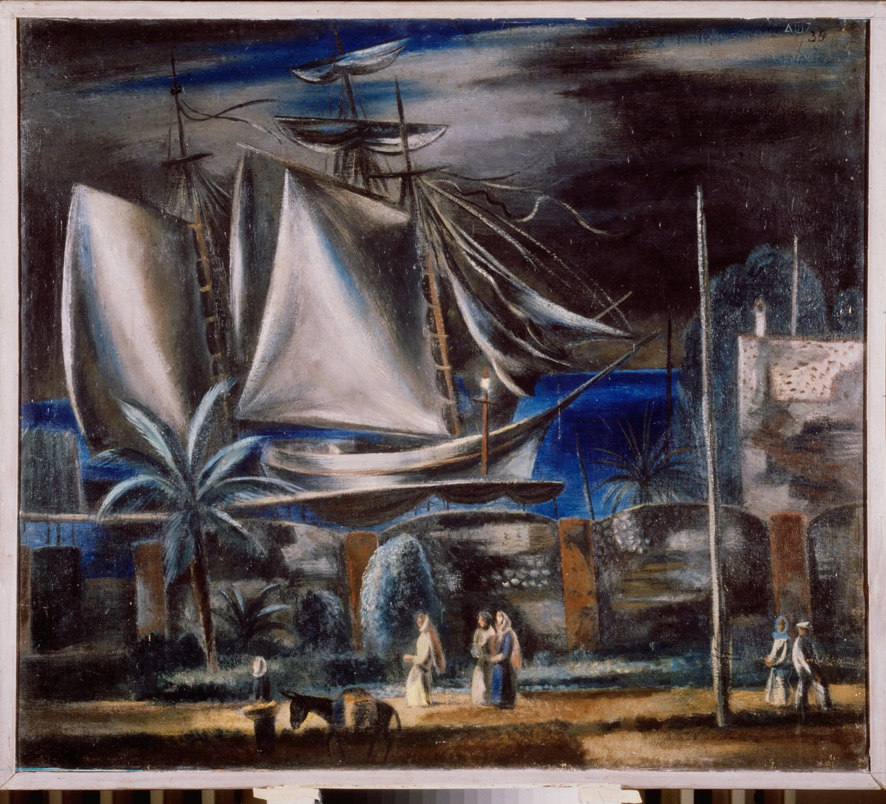 Seaport at Night (Um grande veleiro atracado no Mar Negro) - Pintura de Alexander Vasilyevich Shevchenko (Alexander Shevchenko) (1883-1948), óleo sobre tela de Aleksandr Vasilievich Shevchenko