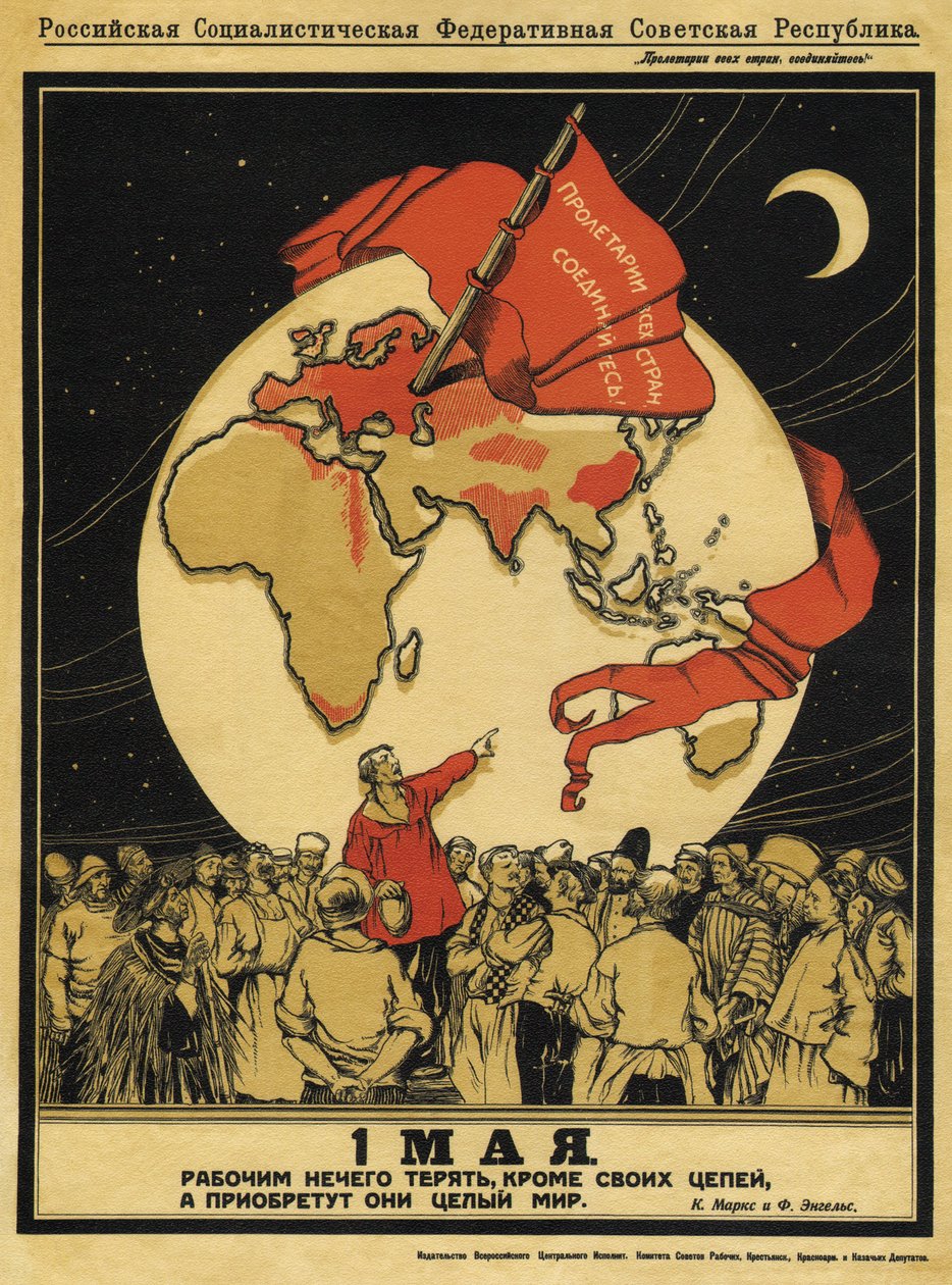 No dia 1 de Maio. Os trabalhadores não têm nada a perder, mas têm o mundo inteiro para ganhar - Apsit, Alexander Petrovich (1880-1944) - 1919 - Litografia a cores - 95x71 - Biblioteca Estadual Russa, Moscovo de Aleksandrs Apsit