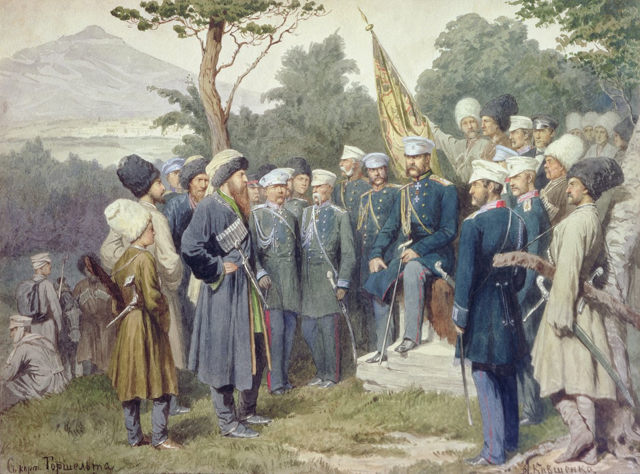 Líder caucasiano Shamil (c.1798-1871) se rendendo ao Conde Baryatinsky em 1859, 1880 de Aleksei Danilovich Kivshenko