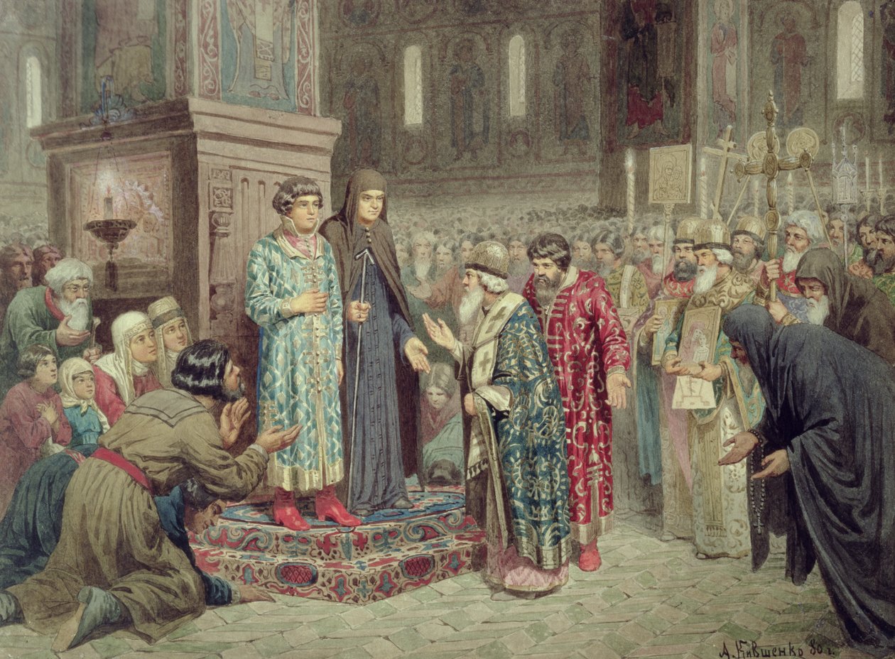 Conselho chamando Michael F. Romanov (1596-1645) ao Reino, 1880 de Aleksei Danilovich Kivshenko