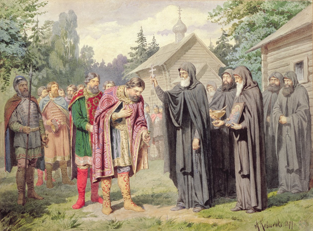 Duque Dimitry e St. Sergy em Redonezh antes da batalha com tártaros, 1880 de Aleksei Danilovich Kivshenko