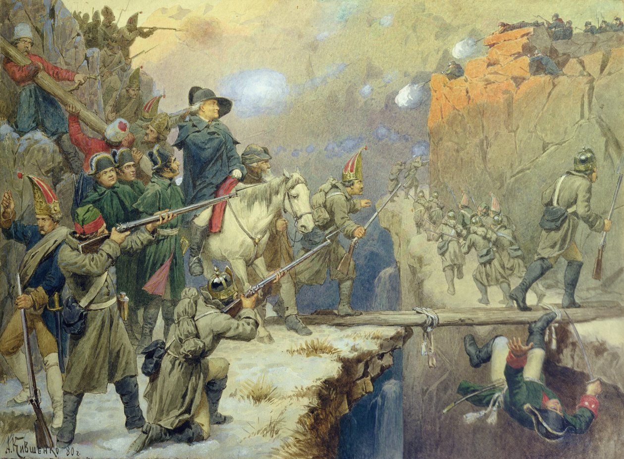 Suvorov atravessando a ponte do diabo em 1799, 1880 de Aleksei Danilovich Kivshenko