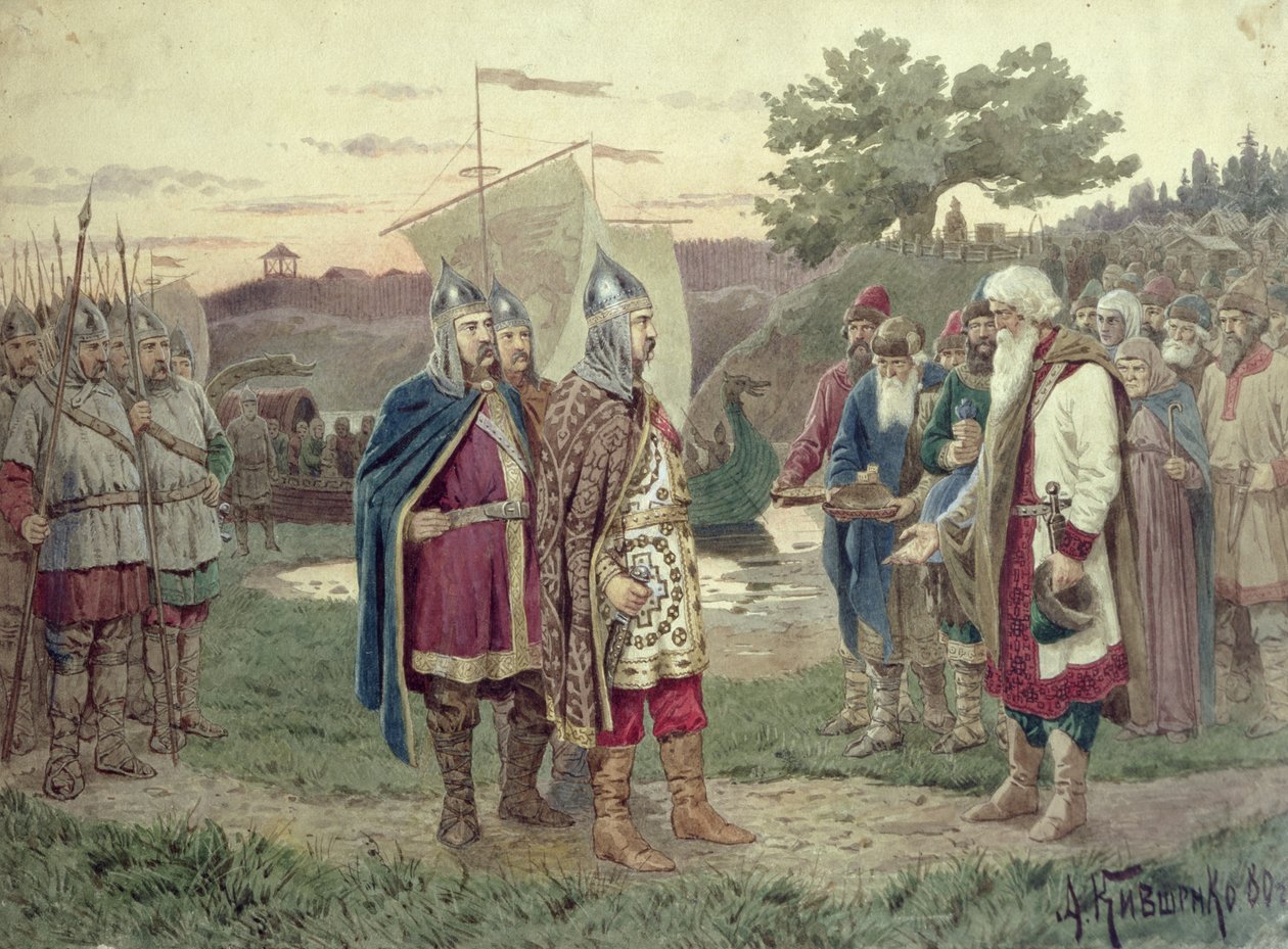 O Grão-duque Encontro com o povo de uma cidade eslava no século IX, 1880 de Aleksei Danilovich Kivshenko