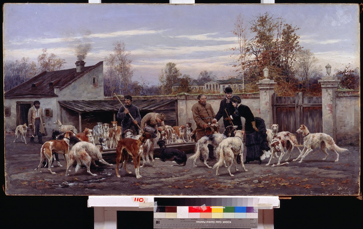 Em um Canil. No pátio de um canil de cães de caça, um casal veio escolher um cachorro. A mulher aponta para um filhote oferecido pelo criador. Os funcionários cuidam da alimentação dos cães. Pintura de Alexei Danilovich Kivshenko (1 de Aleksei Danilovich Kivshenko