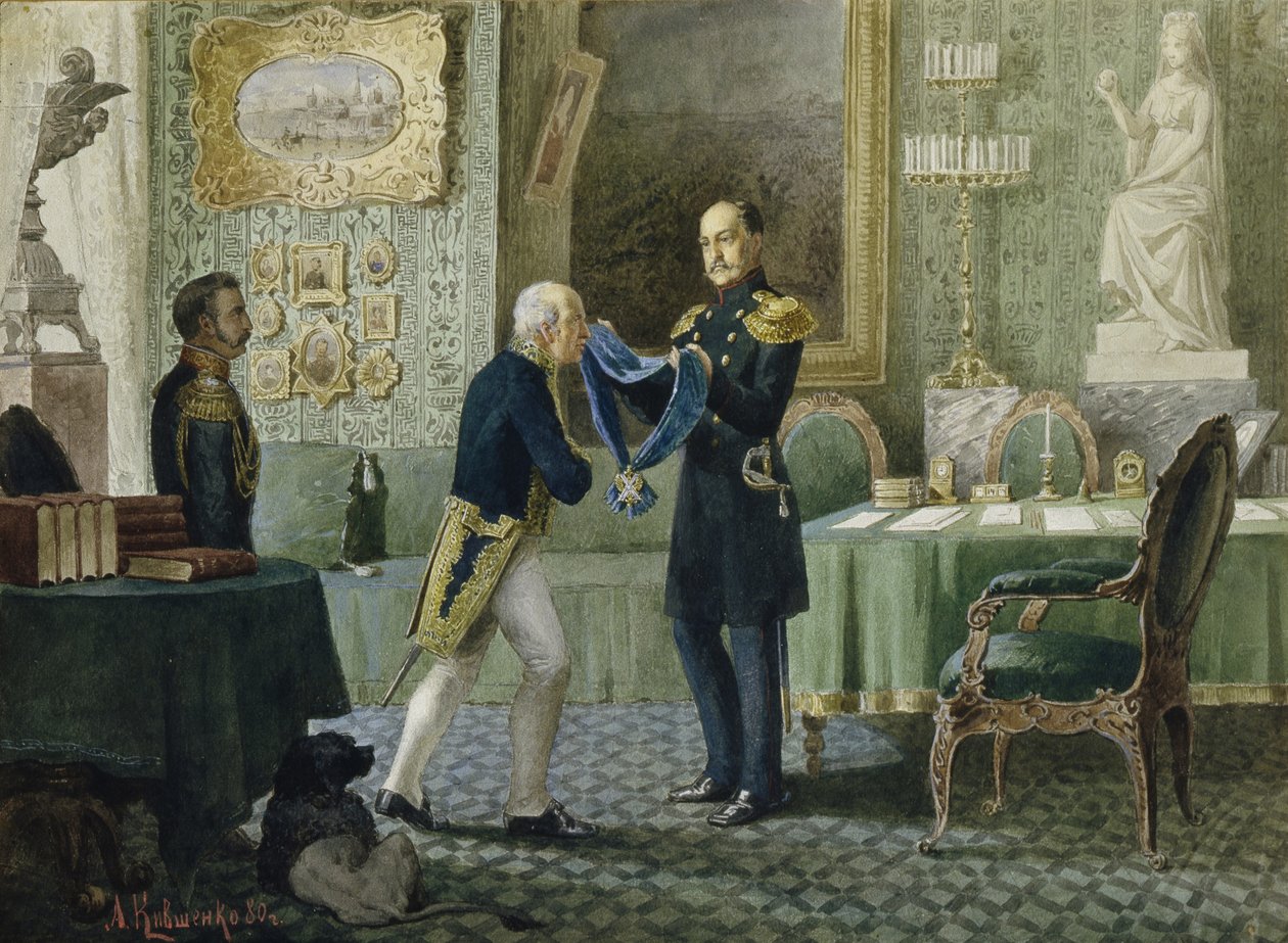 O Imperador Nicolau I concede a faixa azul da Ordem de Santo André ao conde Michail Speransky, 1880 de Aleksei Danilovich Kivshenko