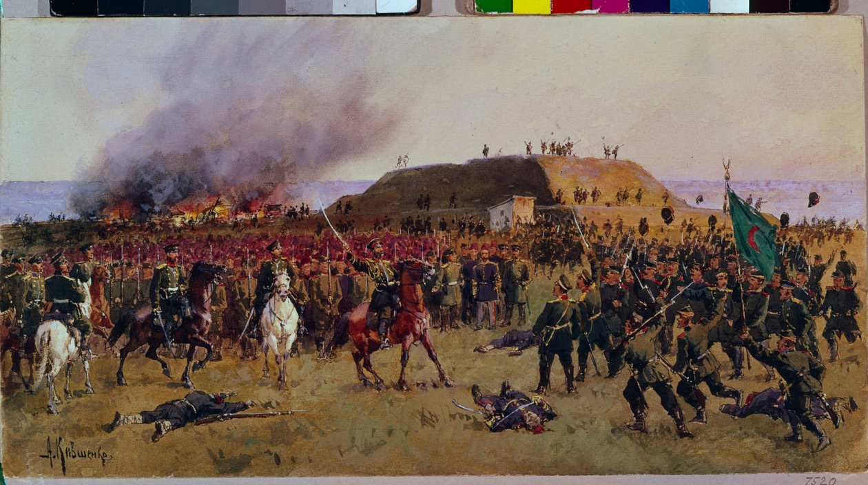 A captura da fortaleza de Gorni Dubnik (Gorni-Dubnik) a 24 de Outubro de 1877. Guerra Rússia-Turquia: cena de batalha entre os cossacos do exército russo e os soldados do Império Otomano, episódio militar para o controlo da passagem Shipka (Bulgária). de Aleksei Danilovich Kivshenko