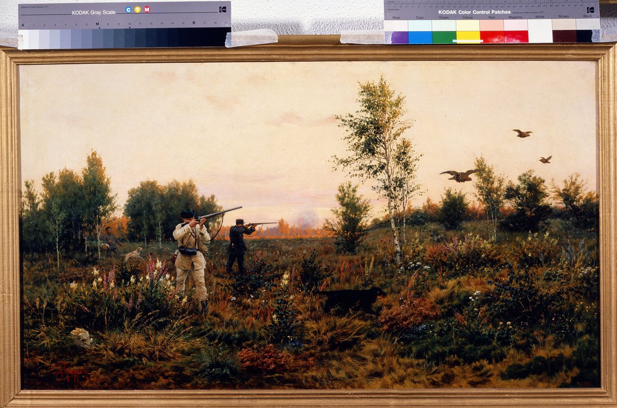 Tiro de Galo Negro. Cena de caça. Pintura de Alexei Danilovich Kivshenko (1851-1895), óleo sobre tela de Aleksei Danilovich Kivshenko