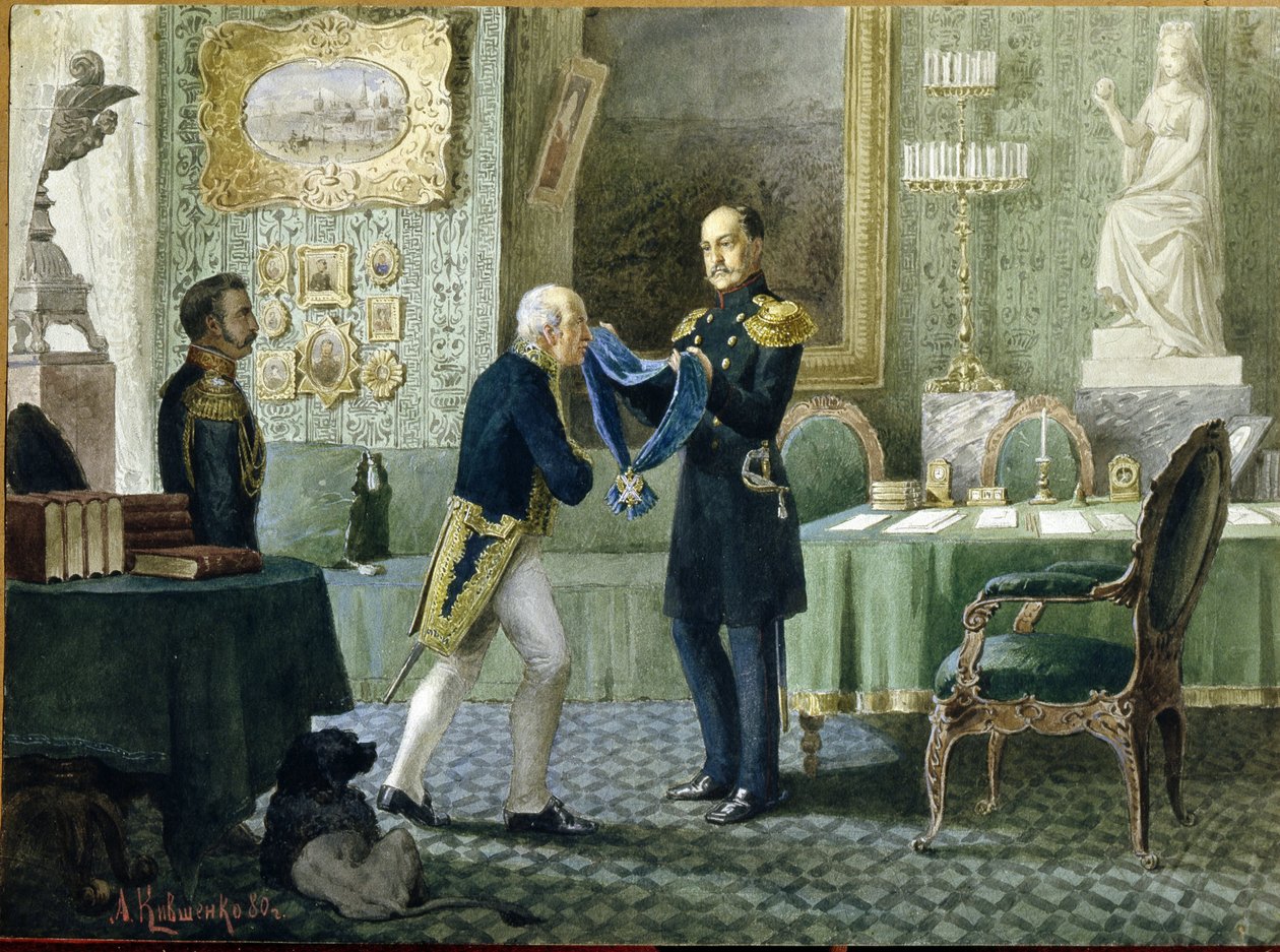 O Imperador Nicolau I da Rússia (1796-1855) apresenta a Fita Azul da Ordem de Santo André ao Conde Mikhail Speranski (1772-1839). (O imperador Nicolau I concede a fita azul da ordem de Santo André ao conde Michail Speransky). Obra de Alexei Danilovich de Aleksei Danilovich Kivshenko
