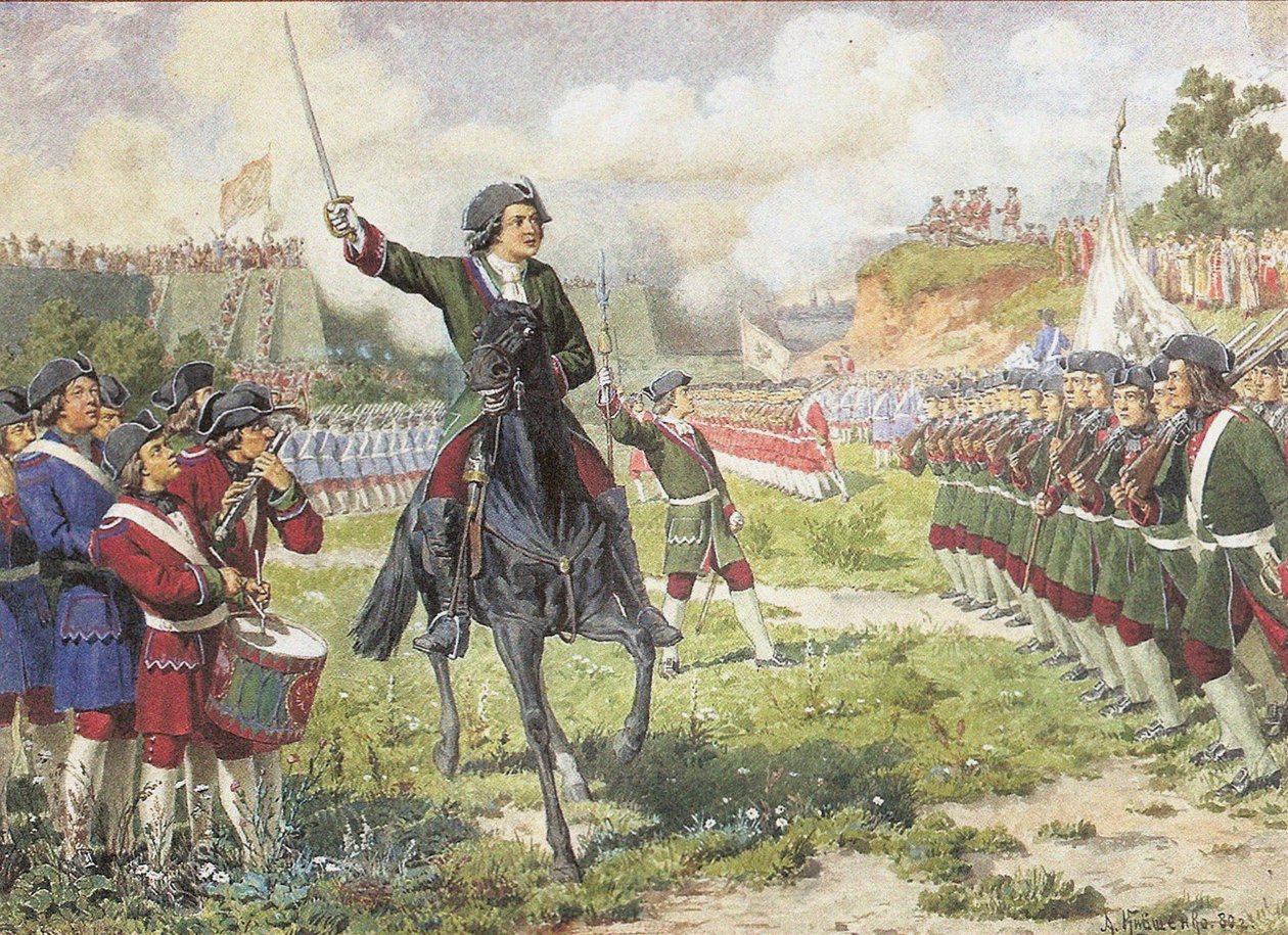 Exercício militar das forças divertidas de Pedro I perto de Kozukhovo, 1880 de Aleksei Danilovich Kivshenko