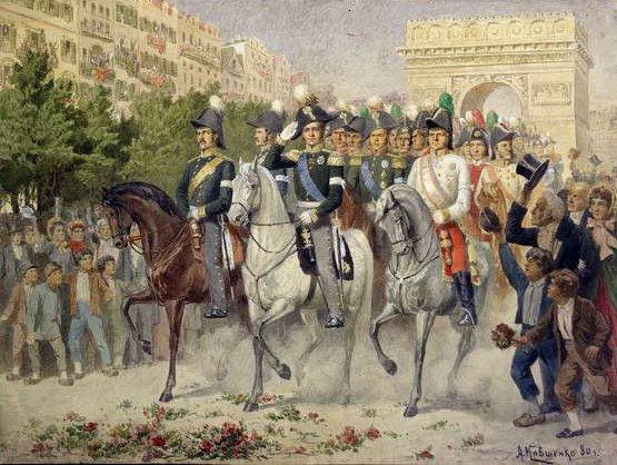 Forças russas e aliadas marchando para Paris, 1880 (wc on paper) de Aleksei Danilovich Kivshenko