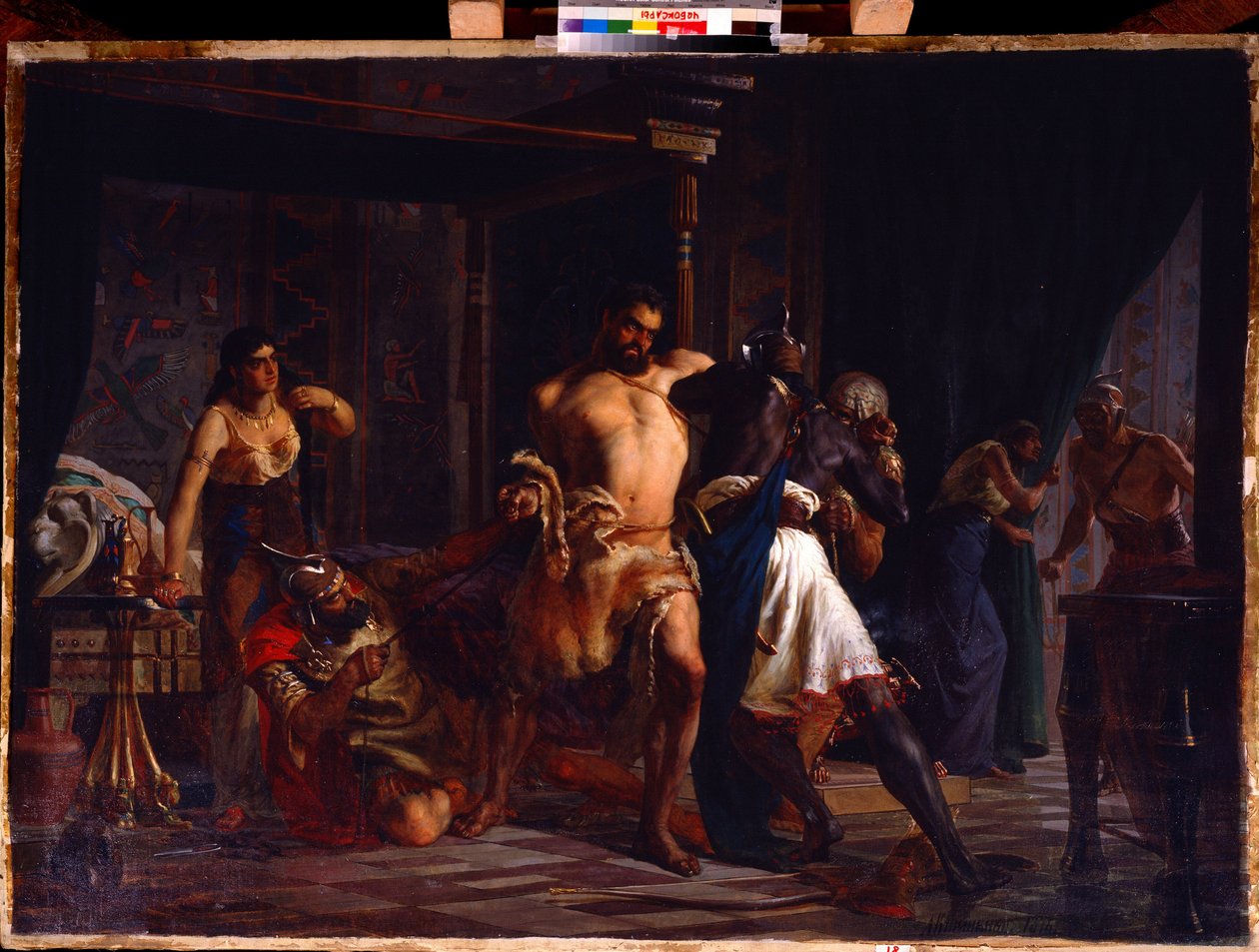 Sansão e Dalila (Sansão e Dalila). O herói bíblico agredido em seu quarto pelos soldados filisteus que tentam prendê-lo com o cordão de seu cabelo, parte do qual jaz no chão com uma tesoura, atrás de Sansão, Dalila segura em seu de Aleksei Danilovich Kivshenko