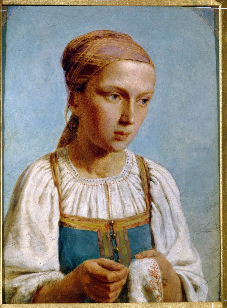 Bordadora do país. (Menina do campo bordada). Retrato de uma jovem, vestindo o vestido tradicional russo, segurando a agulha e o trabalho nas mãos dela. Obra de Alexei (Alexis) Gavrilovich Venetsianov (1780-1847), óleo sobre papelão de Aleksei Gavrilovich Venetsianov