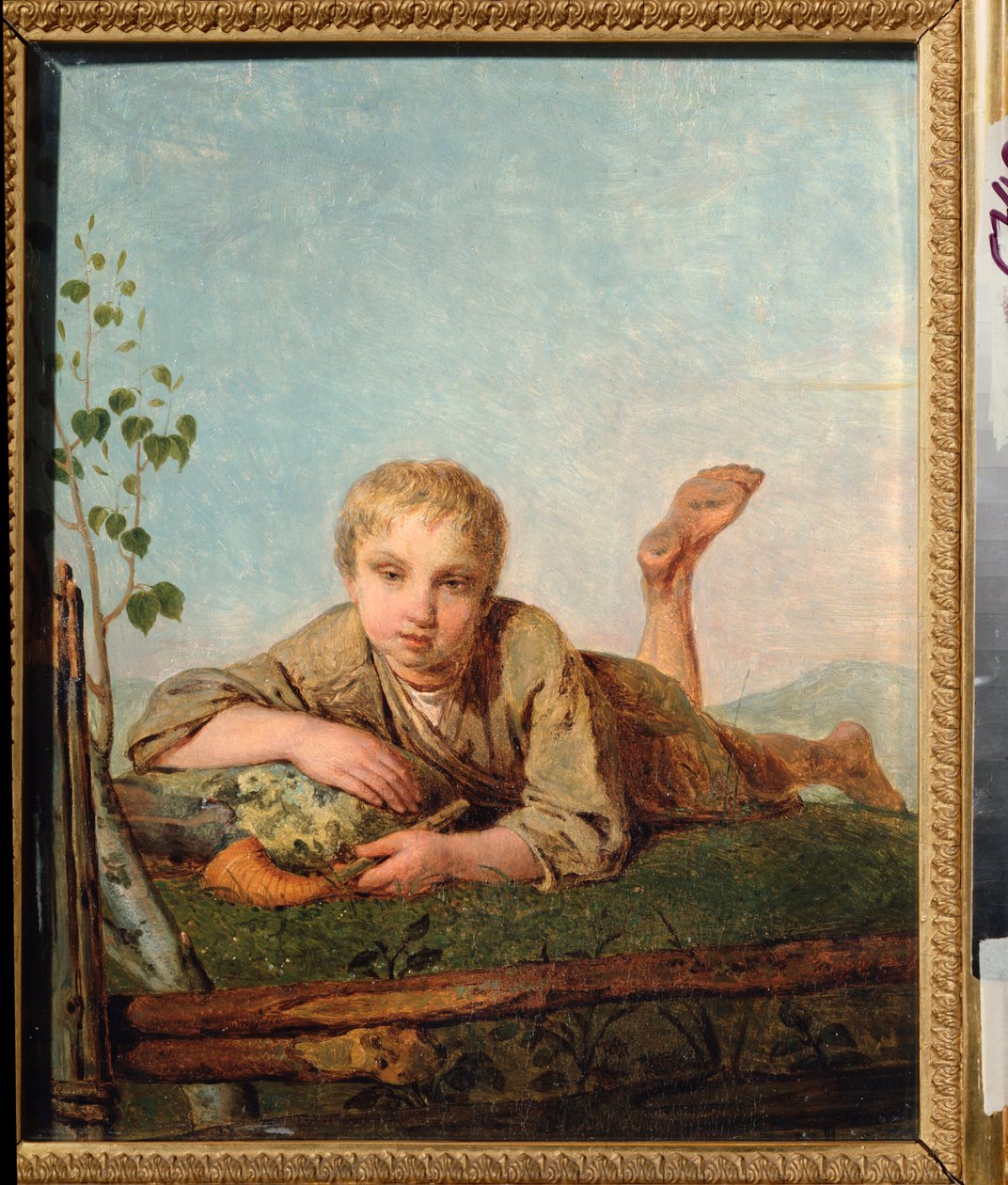 Menino pastor com um cachimbo - Pintura de Alexei Gavrilovich Venetsianov (1780-1847), óleo sobre tela, cerca de 1820, arte russa de Aleksei Gavrilovich Venetsianov