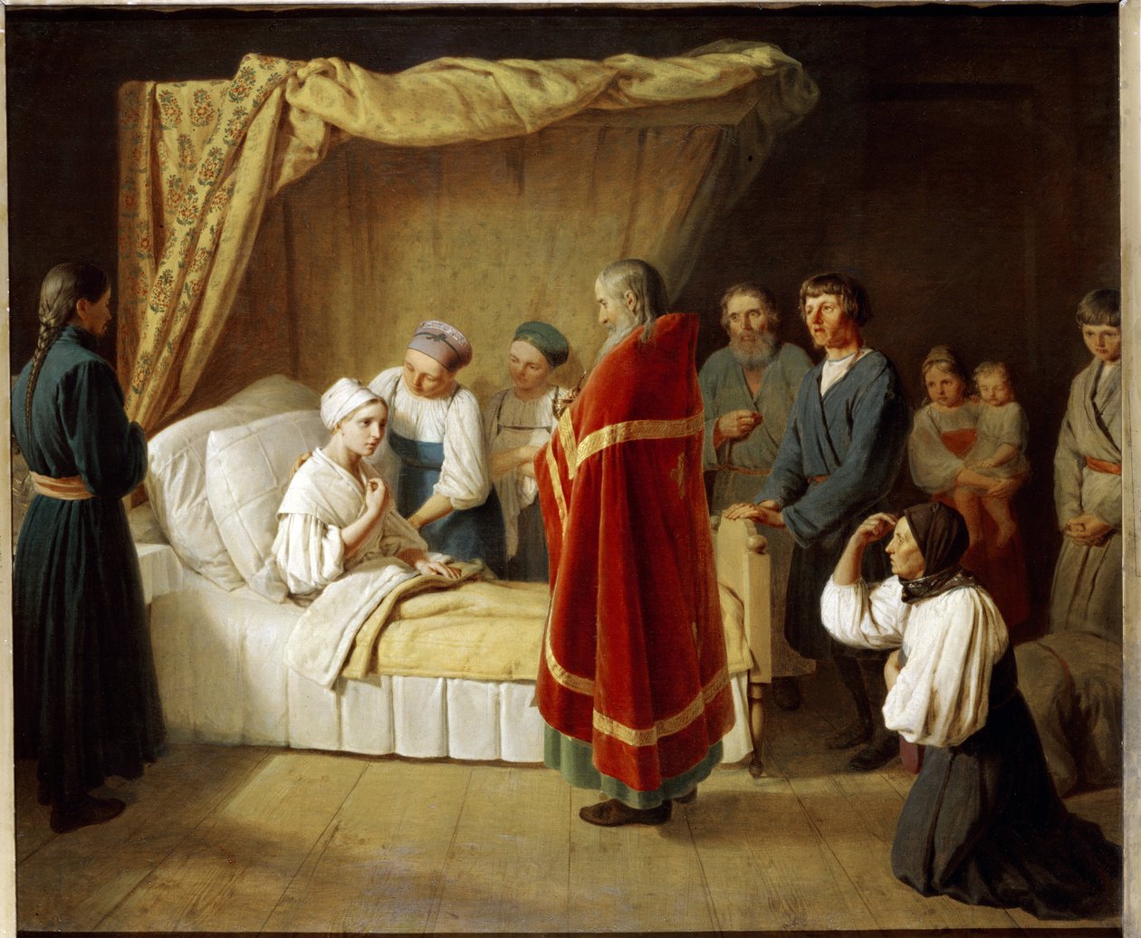 A Eucaristia aos Moribundos. Um sacerdote da Igreja Ortodoxa vem ao leito de uma mulher doente para lhe dar o sacramento litúrgico, rodeado por membros da sua família. Pintura por Alexei (Alexis) Gavrilovich Venetsianov ( de Aleksei Gavrilovich Venetsianov