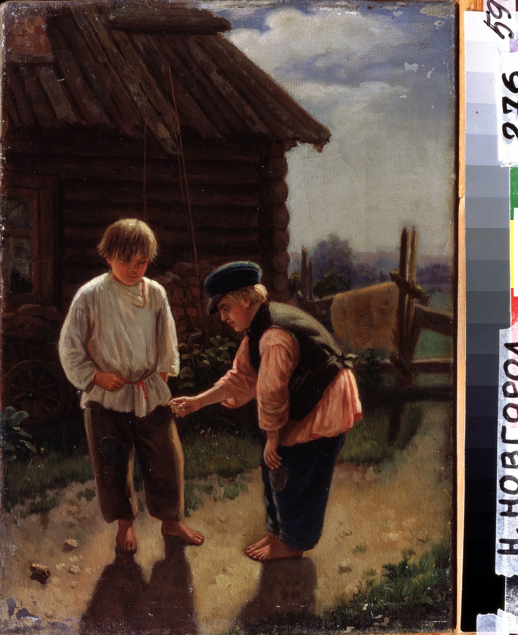 Jogue Knucklebones. Duas crianças descalças brincam no quintal em frente a uma casa de madeira no campo. Pintura de Alexei Ivanovich Korzukhin (1835-1894), óleo sobre tela. Arte russa do século XIX. Museu de Arte do Estado, Nizhny Novgorod (R de Aleksei Ivanovich Korzukhin