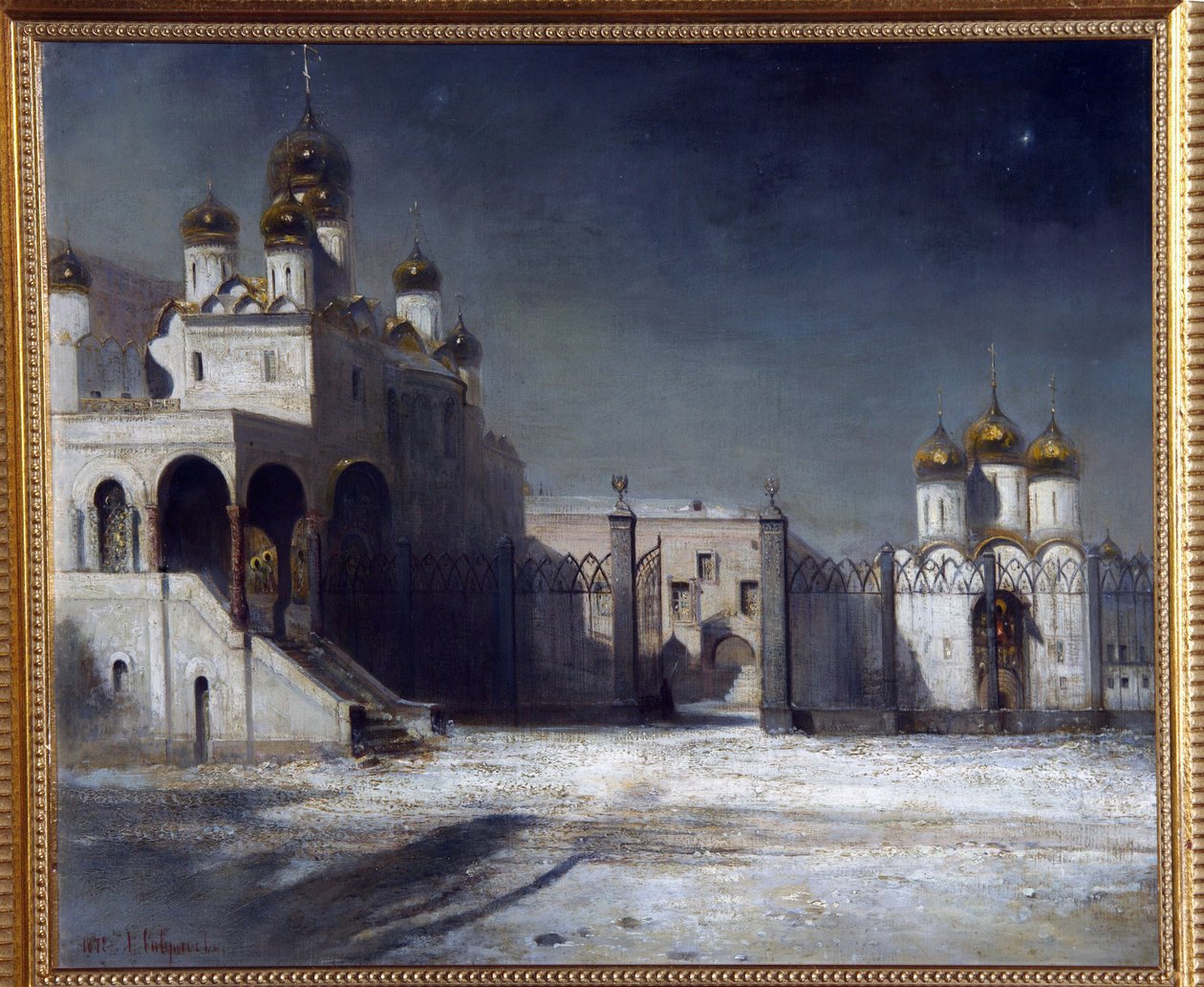 Praça da Catedral no Kremlin de Moscou à noite. (A Praça da Catedral no Kremlin de Moscou à noite). Pintura de Alexei Kondratyevich Savrasov (Savrasov) (1830-1897), óleo sobre tela de Alexei Kondratjewitsch Sawrassow