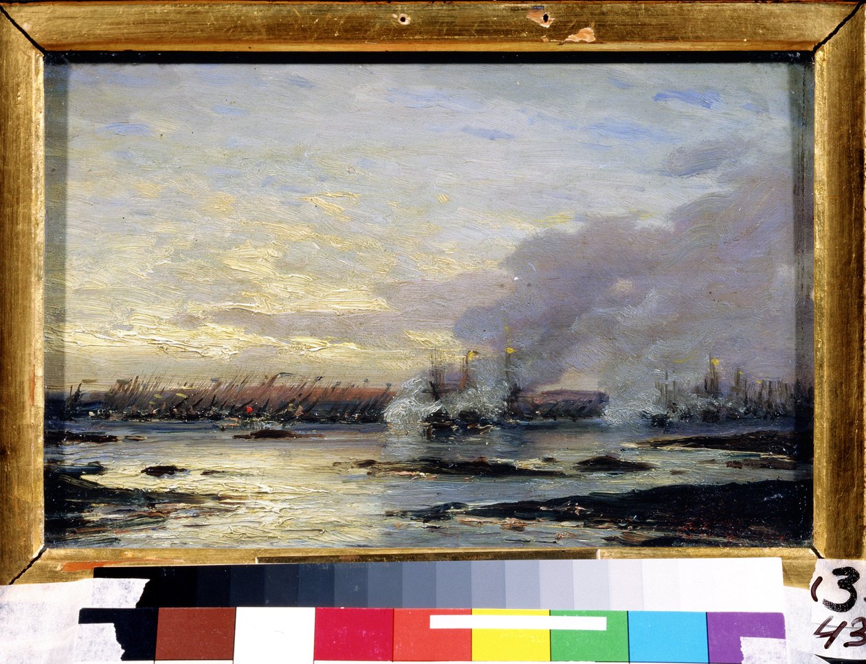 Grande Guerra do Norte (1700-1721): "A Batalha de Gangut, que viu a vitória da frota russa (incluindo o navio de guerra de Gangut) sobre a frota sueca em 07/08/1714" Pintura de Alexei Petrovich Bogolyubov (Bogoliubov ou Bogolioubov) (1824-1896) 1876 Estado de Aleksei Petrovich Bogolyubov