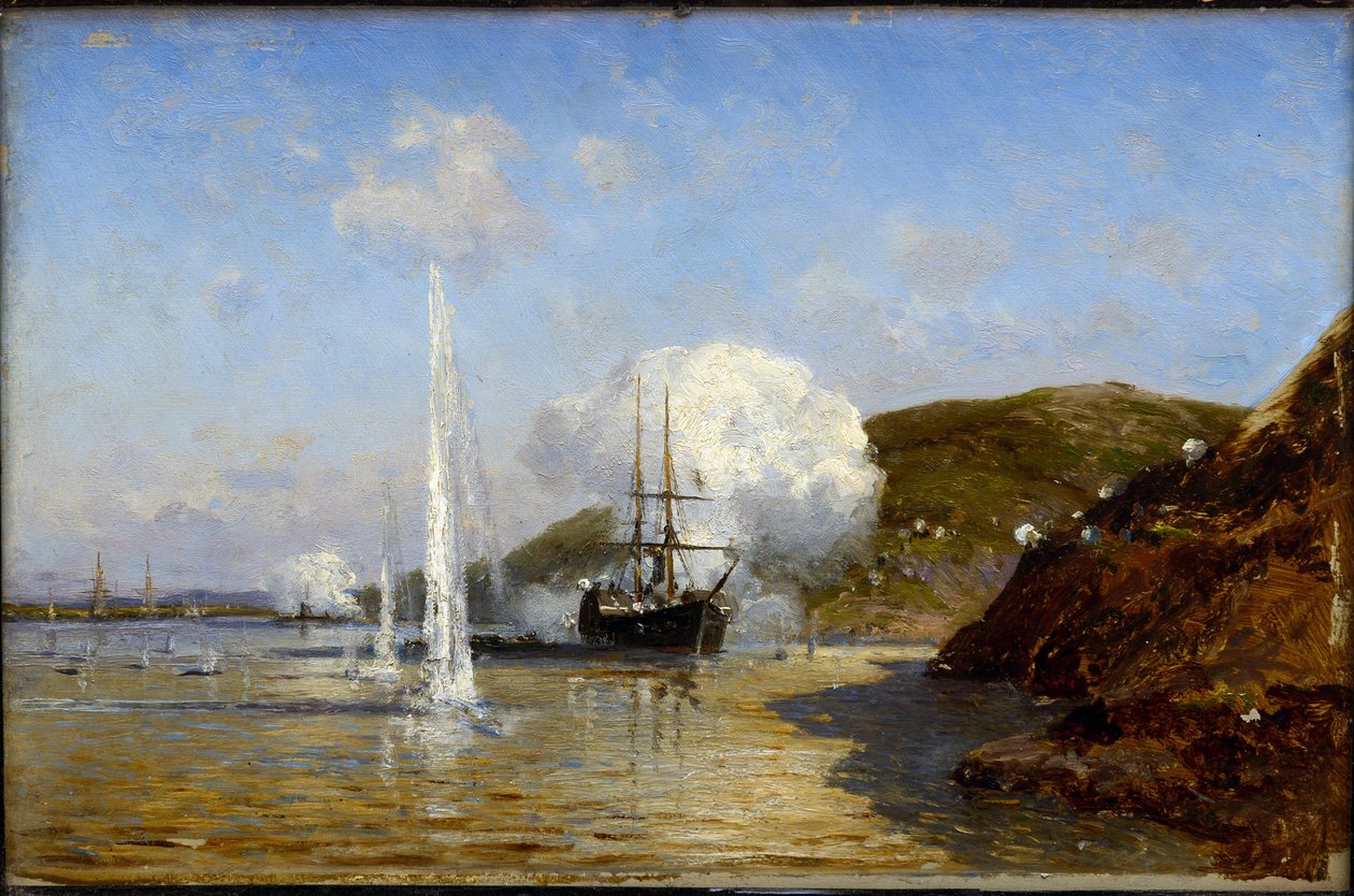 Guerre russo-turque de 1877-1878 - A Ação de Nikolai Skrydlov (1844-1918) no Danúbio par Alexei Petrovich Bogolyubov (Bogoliubov ou Bogolioubov) (1824-1896). de Aleksei Petrovich Bogolyubov