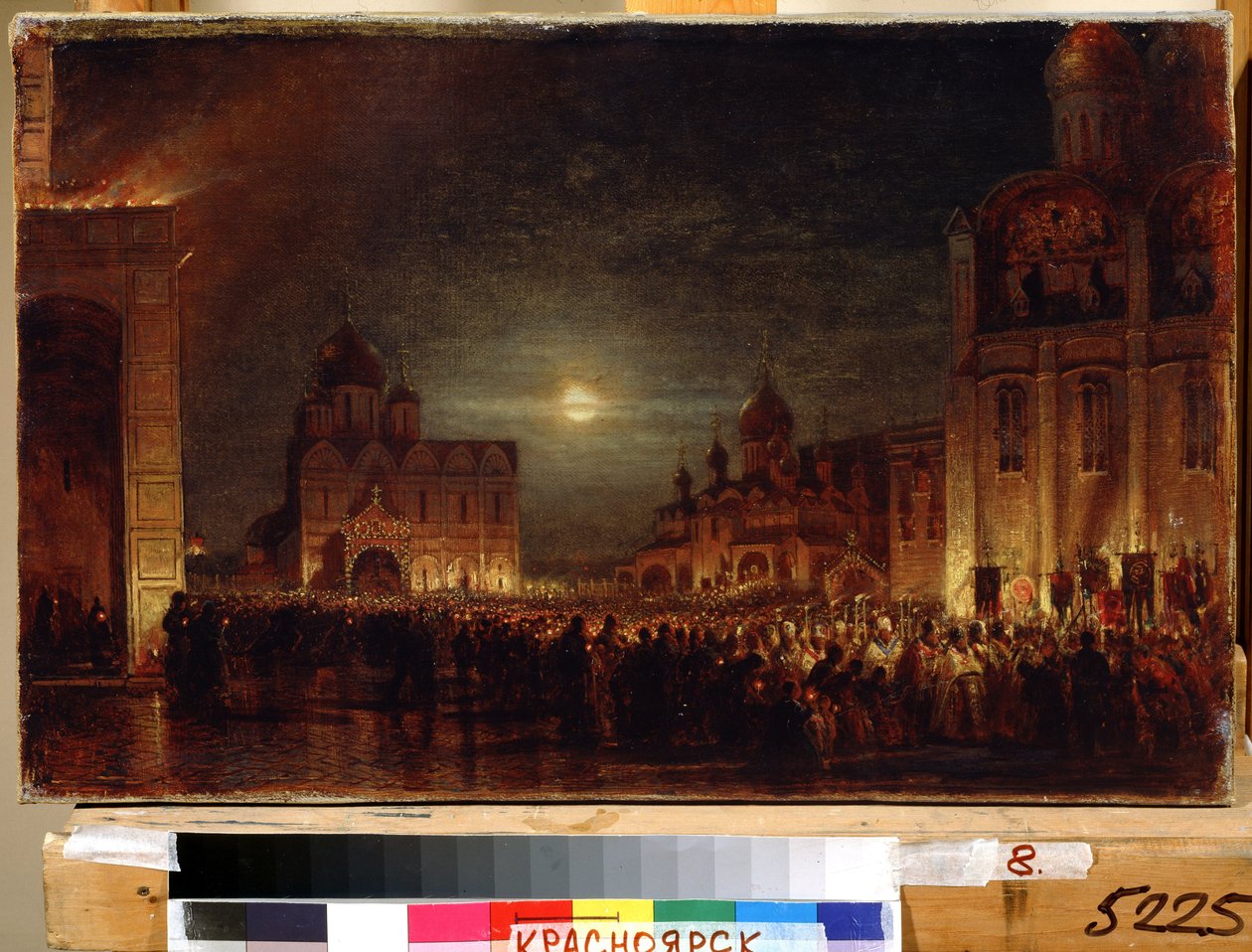 Matinas da Páscoa. Reunião matinal da multidão de fiéis, com velas acesas, à volta dos sacerdotes e bispos, para celebrar a festa litúrgica, numa praça emoldurada pelas igrejas. Pintura por Alexei Petrovich Bog de Aleksei Petrovich Bogolyubov