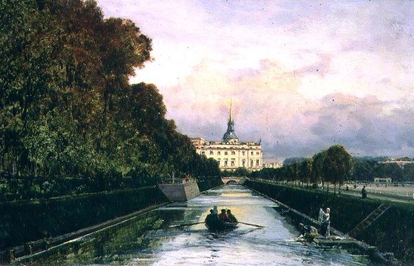 Vista do Canal de Lebyazhyeva olhando para o Palácio Mikhailovsky, São Petersburgo (óleo sobre painel) de Aleksei Petrovich Bogolyubov