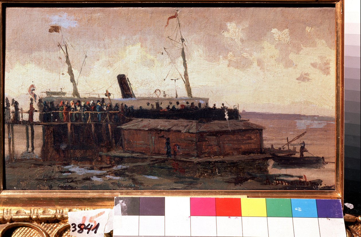 "Vista de um transatlântico atracado num porto" Pintura de Alexei Petrovich Bogolyubov (Bogoliubov ou Bogolioubov) (1824-1896) 1874 State United Art Museum, Kostroma, Rússia de Aleksei Petrovich Bogolyubov