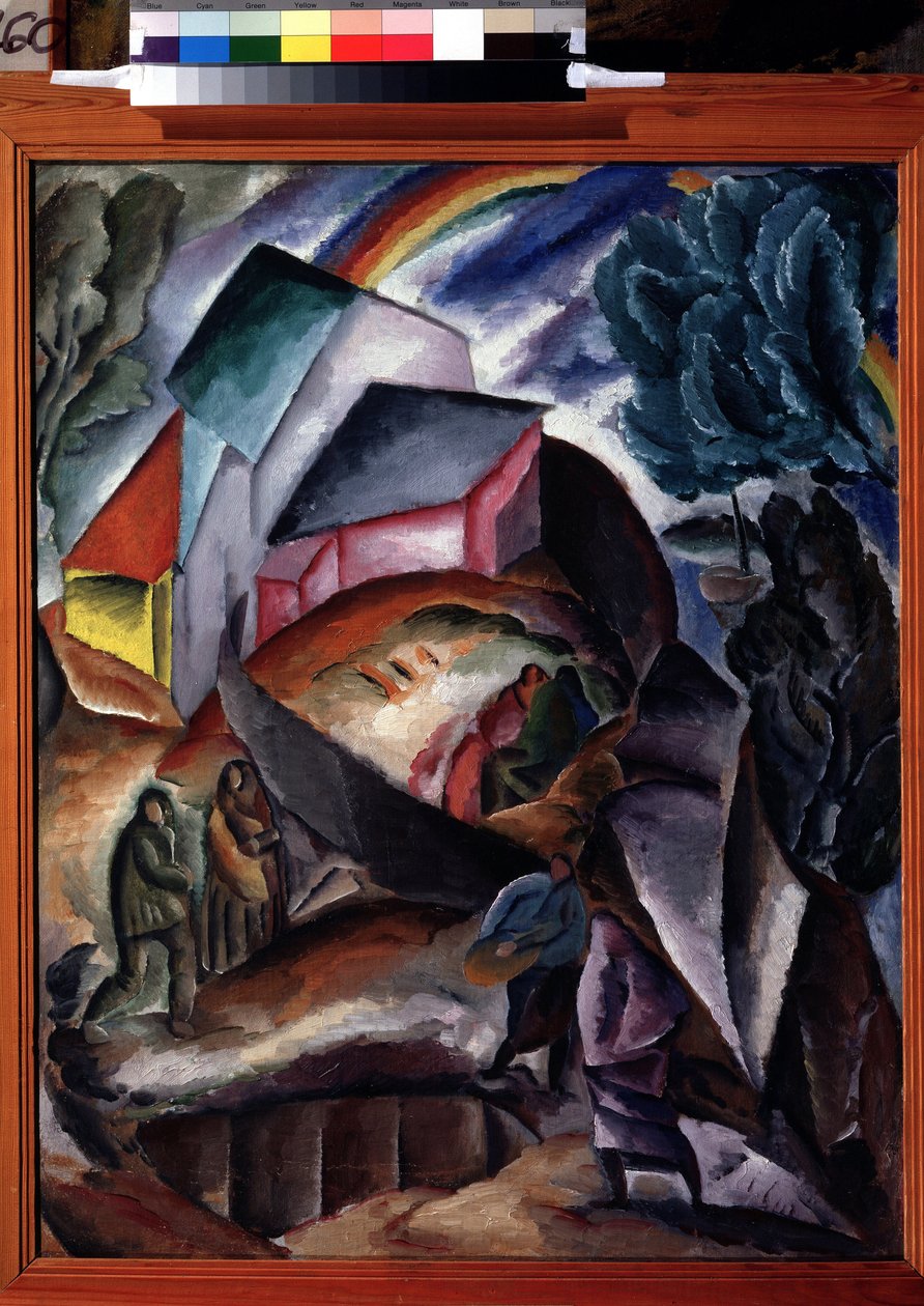 Arco em Ciel (Rainbow). Paisagem de montanha com uma aldeia e pessoas, encimada por um arco-íris. Pintura de Alexei Ilyich Kravchenko (1889-1940), óleo sobre tela, cerca de 1920. Avant-garde russo, paisagem do início do século XX. Galeria Estadual Tretyako de Aleksey Kravchenko