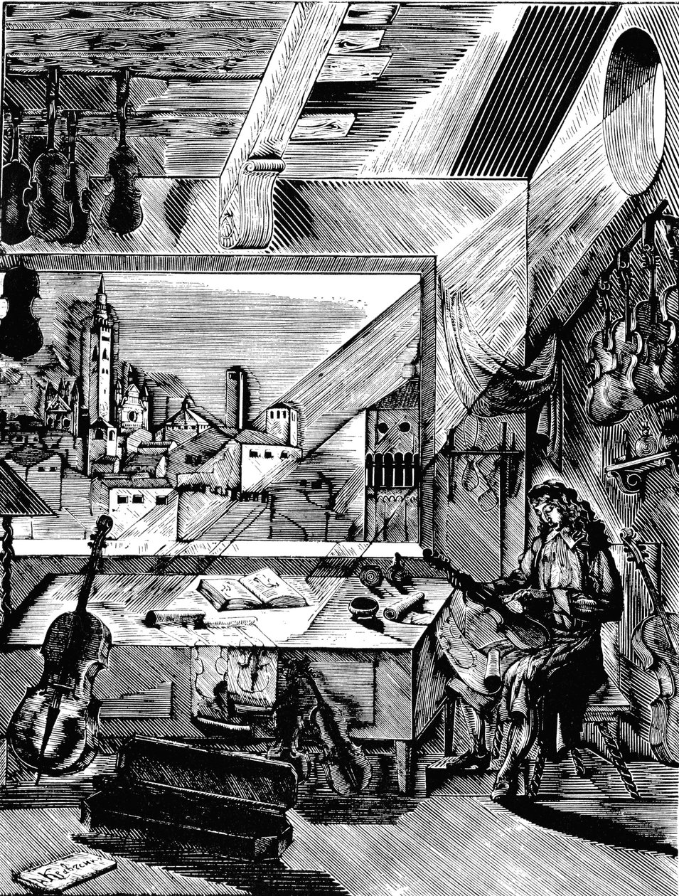 O fabricante italiano de instrumentos musicais Antonio Stradivari em sua oficina, 1926. de Aleksey Kravchenko