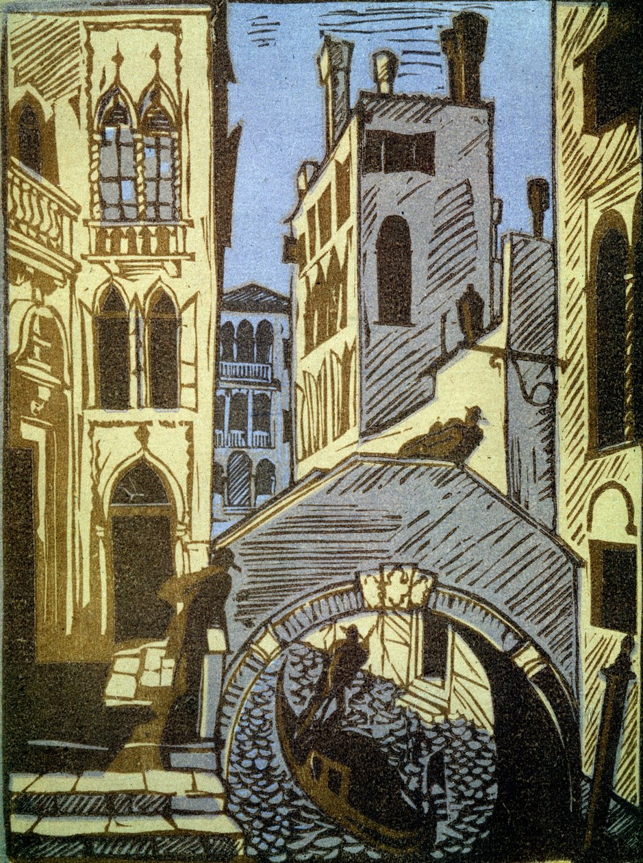 Veneza, Itália (Veneza). Canal, gôndola, ponte e fachadas da cidade. Obra de Alexei Ilyich Kravchenko (1889-1940), xilogravura. Arte russa, paisagem do século XIX e XX. Galeria Estadual Tretyakov, Moscovo (Rússia). de Aleksey Kravchenko