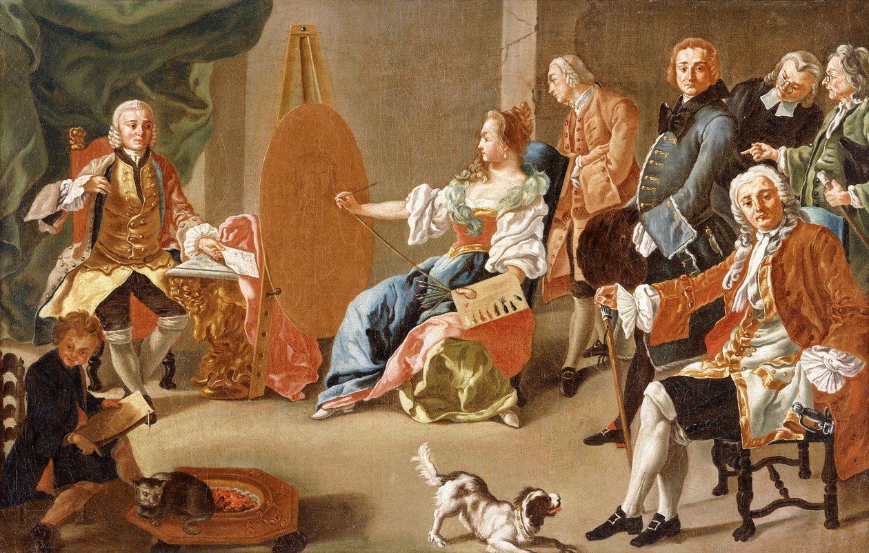 Uma alegoria da pintura: uma empresa elegante em um interior com um cavalheiro sentado para seu retrato de Alesio D Elia