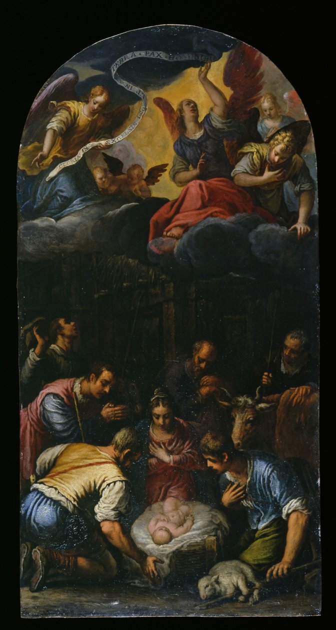 A Adoração dos Pastores, c.1600-10 (óleo sobre cobre) de Alessandro Turchi
