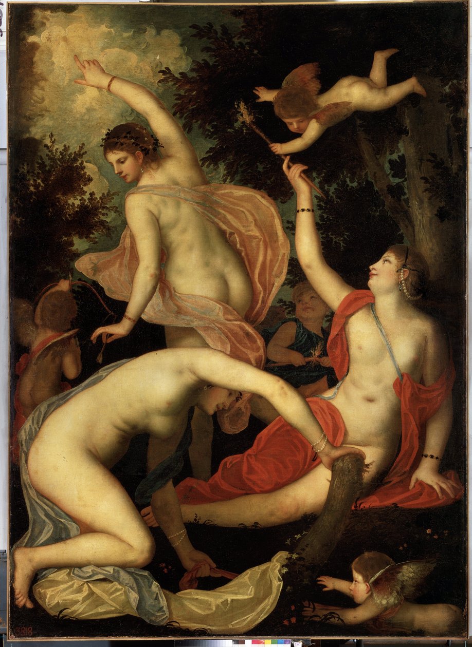 Graças e Cupido (Graças e Cupido). Pintura de Alessandro Varotari conhecido como Il Padovanino (1588-1649). Arte veneziana, Maneirismo. Óleo sobre tela. Museu Hermitage, São Petersburgo de Alessandro Varotari