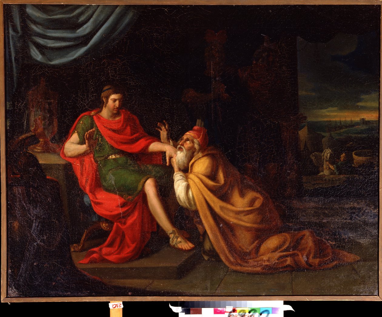 Priam e Achilles. Cena com personagens da Guerra de Tróia. Pintura de Alessandro Varotari chamada Il Padovanino (1588-1649). Óleo sobre tela. Arte veneziana, estilo barroco. Museu de Arte do Extremo Oriente, Khabarovsk, Rússia. de Alessandro Varotari