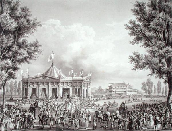 Procissão passando pelo Pavilhão erguido por ocasião da Coroação de Fernando I (1793-1875) de Alessandro (after) Sanquirico