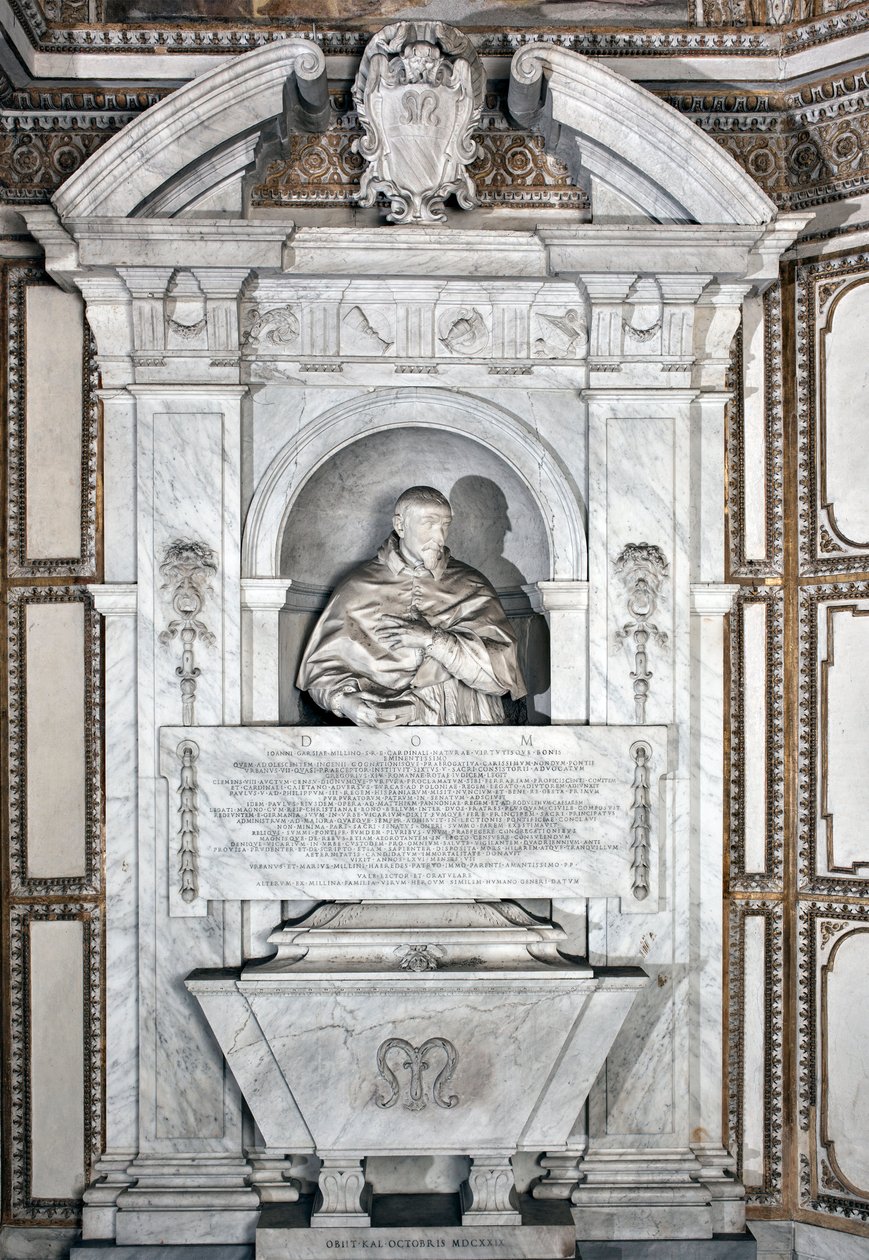 Monumento funerário em homenagem ao Cardeal Giovanni Garcia Mellini com retrato em busto Escultura em mármore de Alesssandro Algardi (1598-1654) 1630 ao redor da Basílica de Santa Maria del Popolo, Cappella Mellini de Alessandro Algardi
