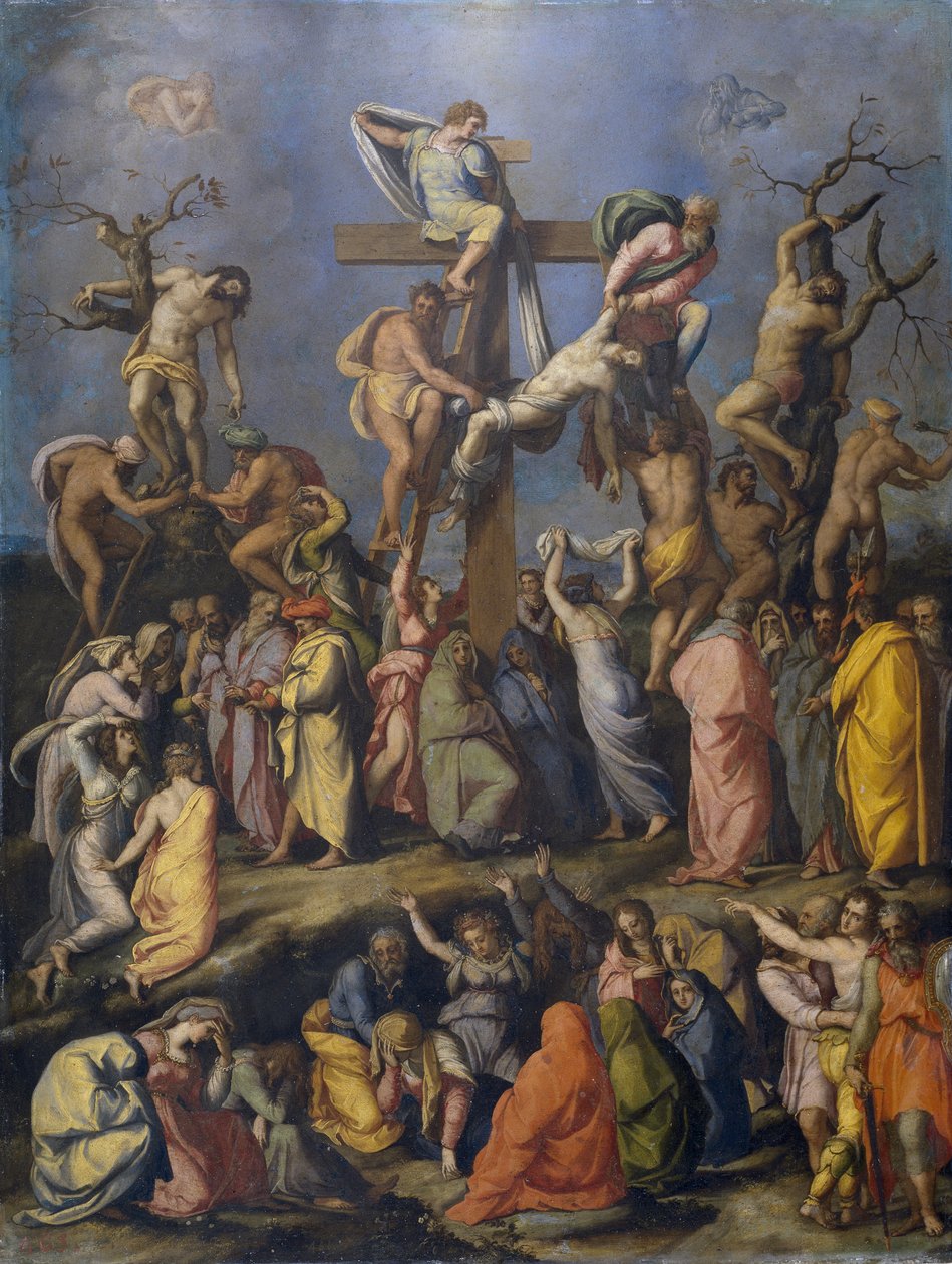 A Descida da Cruz - Pintura de Alessandro Allori (1535-1607), óleo sobre tela (70x54 cm), cerca de 1560 - (A Descida da Cruz, Óleo sobre tela de A. Allori, c. 1560) - Museo del Prado , Madri de Alessandro Allori