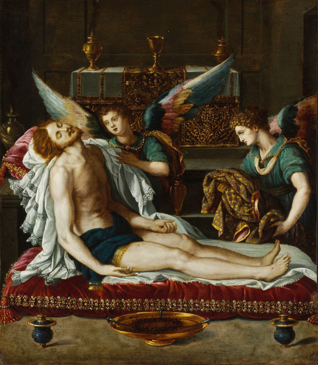 Le Corps du Christ oint par deux anges - O Corpo de Cristo Ungido por Dois Anjos - Allori, Alessandro (1535-1607) - ca 1593 - Óleo sobre cobre - 45x39 - Szepmuveszeti Muzeum, Budapeste de Alessandro Allori