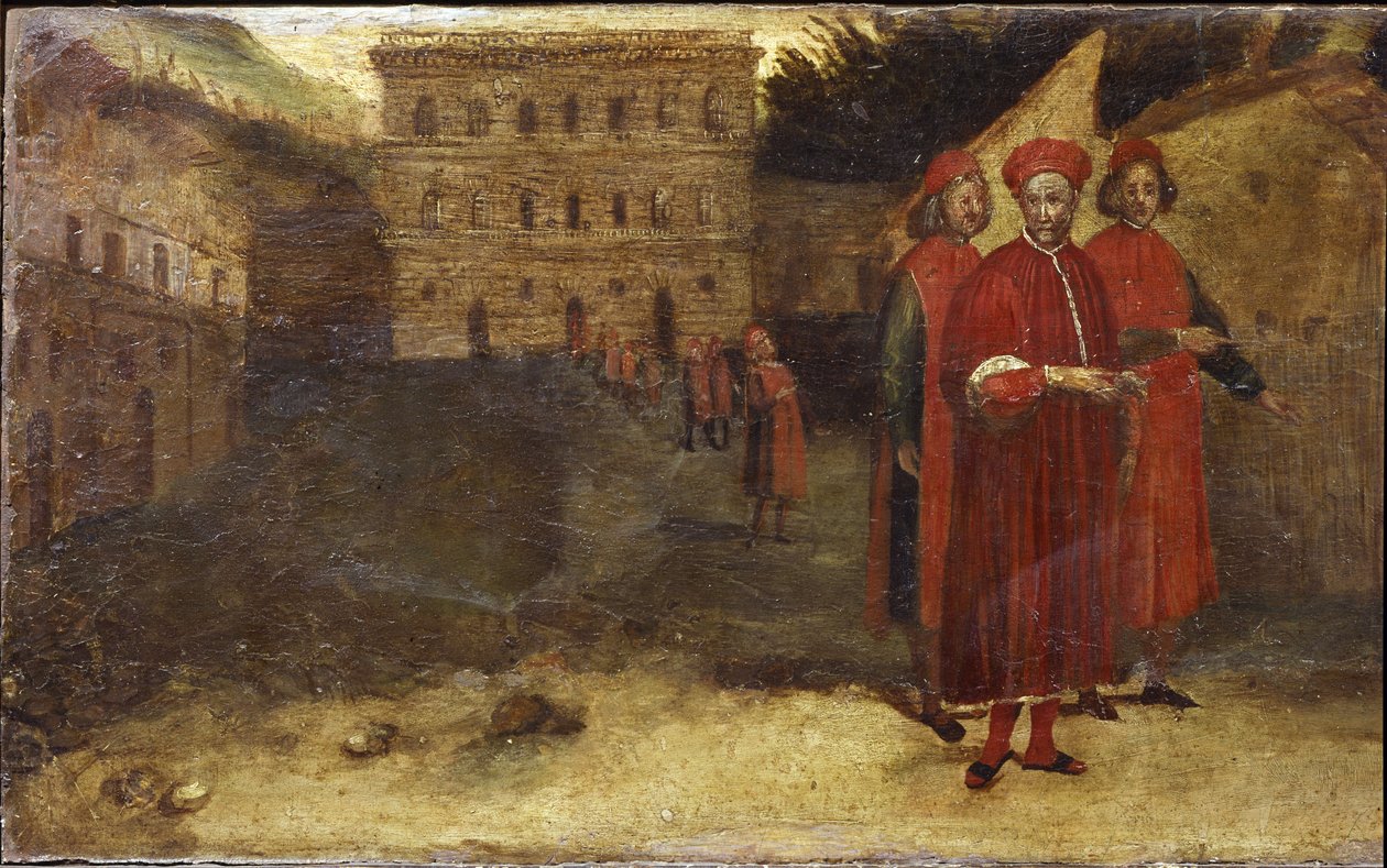 Luca Pitti, banqueiro italiano, em frente ao seu palácio (Palazzo Pitti) de Alessandro Allori