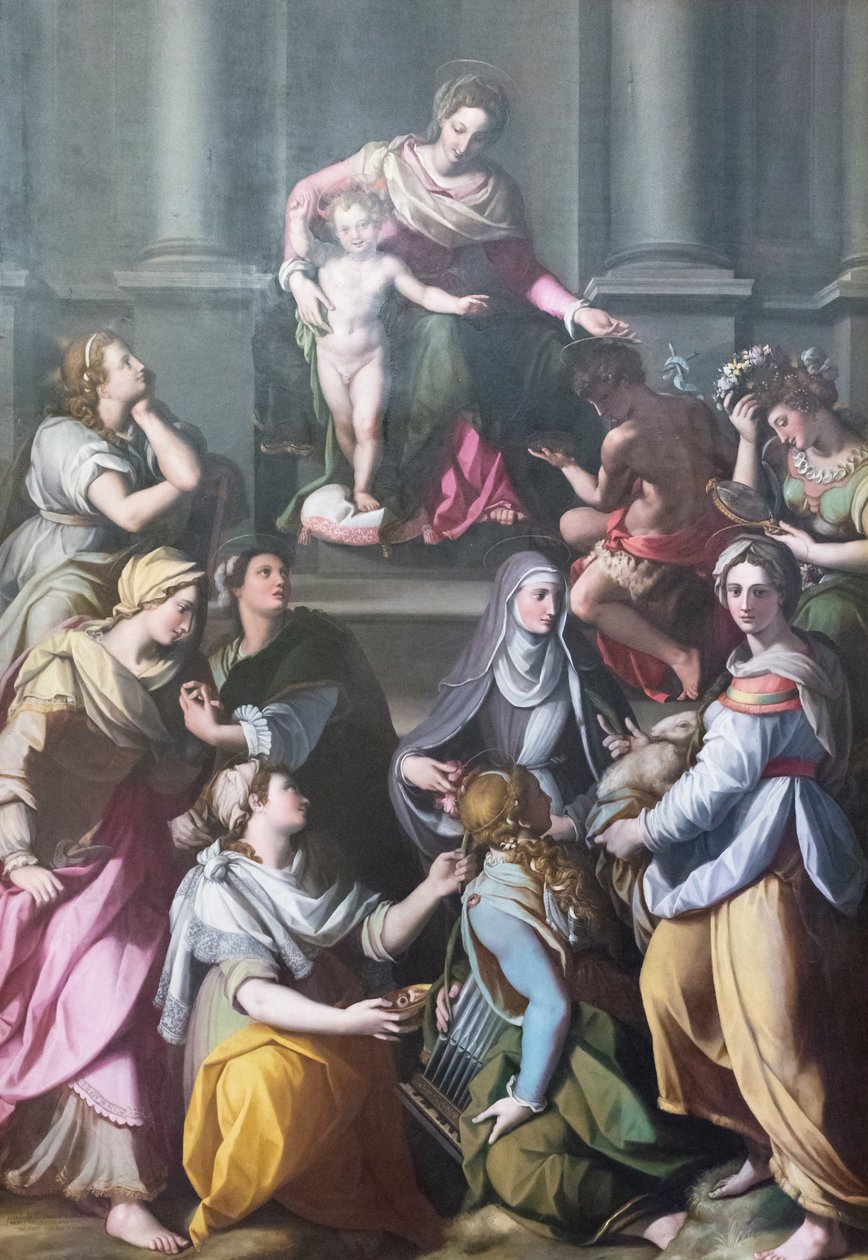 Madonna entronizada com a Criança, rodeada de santos e figuras de Alessandro Allori